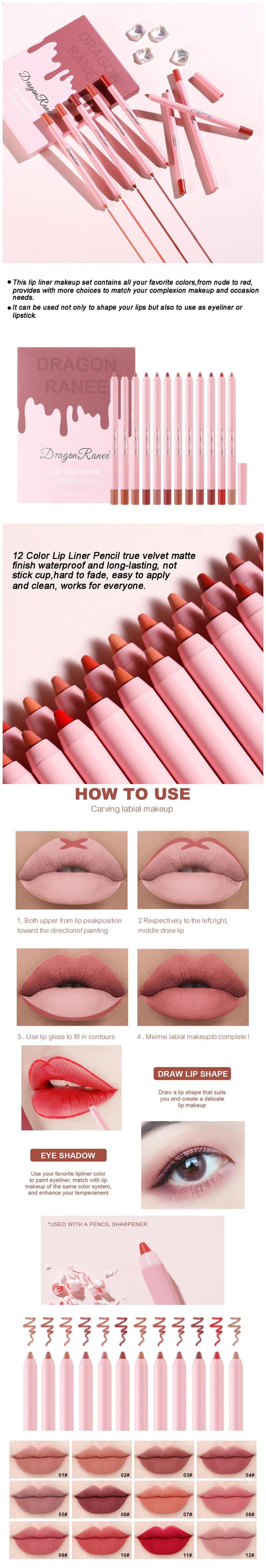 Multi Stick Lip Liner, 12pcs/set Long Lasting Lip Liner Kit, Waterproof Matte Lip Liner Pencil Suitable for All Occasions Makeup