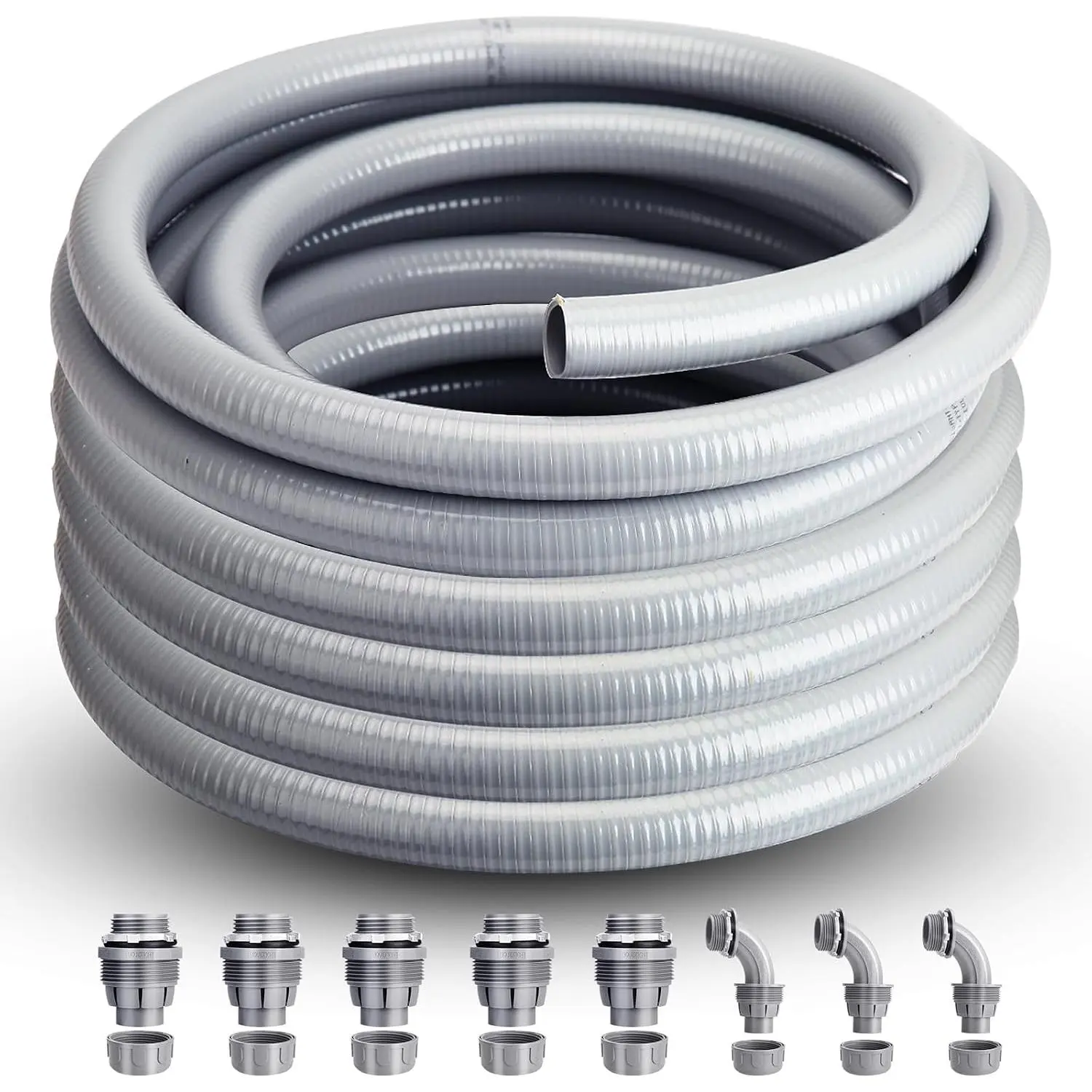Liquid Tight Conduit 1/2 inch 100FT,Flexible Non-Metallic Liquid Tight Flex Electrical Conduit and Connector Kit with 5 Straight and 3 90-Degree Conduit Connector Fittings