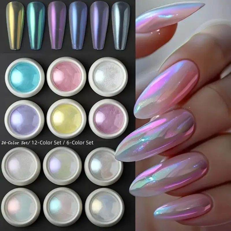 Nail Aurora Powder,Translucent Iridescent Pigment For Stunning Nail Designs Nail Art Supply (6Pcs/12Pcs/24Pcs/Set)