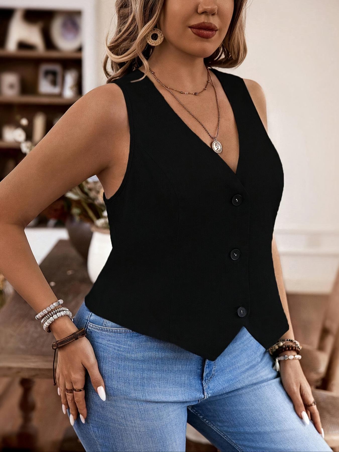 Plus Size Solid Color Vneck Vest, Minimalist Fitted Vest, Casual Basic Fitted Sleeveless Outerwear for Daily Wear, Women's Plus Clothing for All Seasons, Black Button Front Vest, Blazer Vest, Casual Comfy Vest