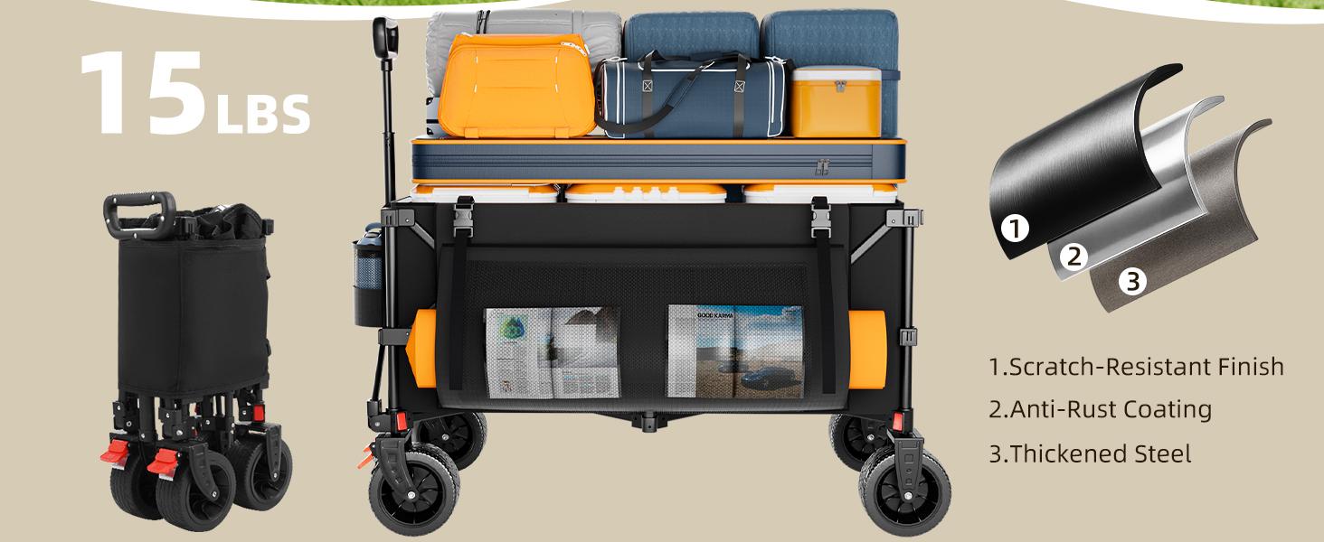 39" L Collapsible Wagon Cart, 220L Large Capacity and 440Lbs Heavy Duty, Lightweight 15lbs Folding Garden Cart with Silent All-Terrain Wheels for Beach, Camping Grass and Grocery, Black