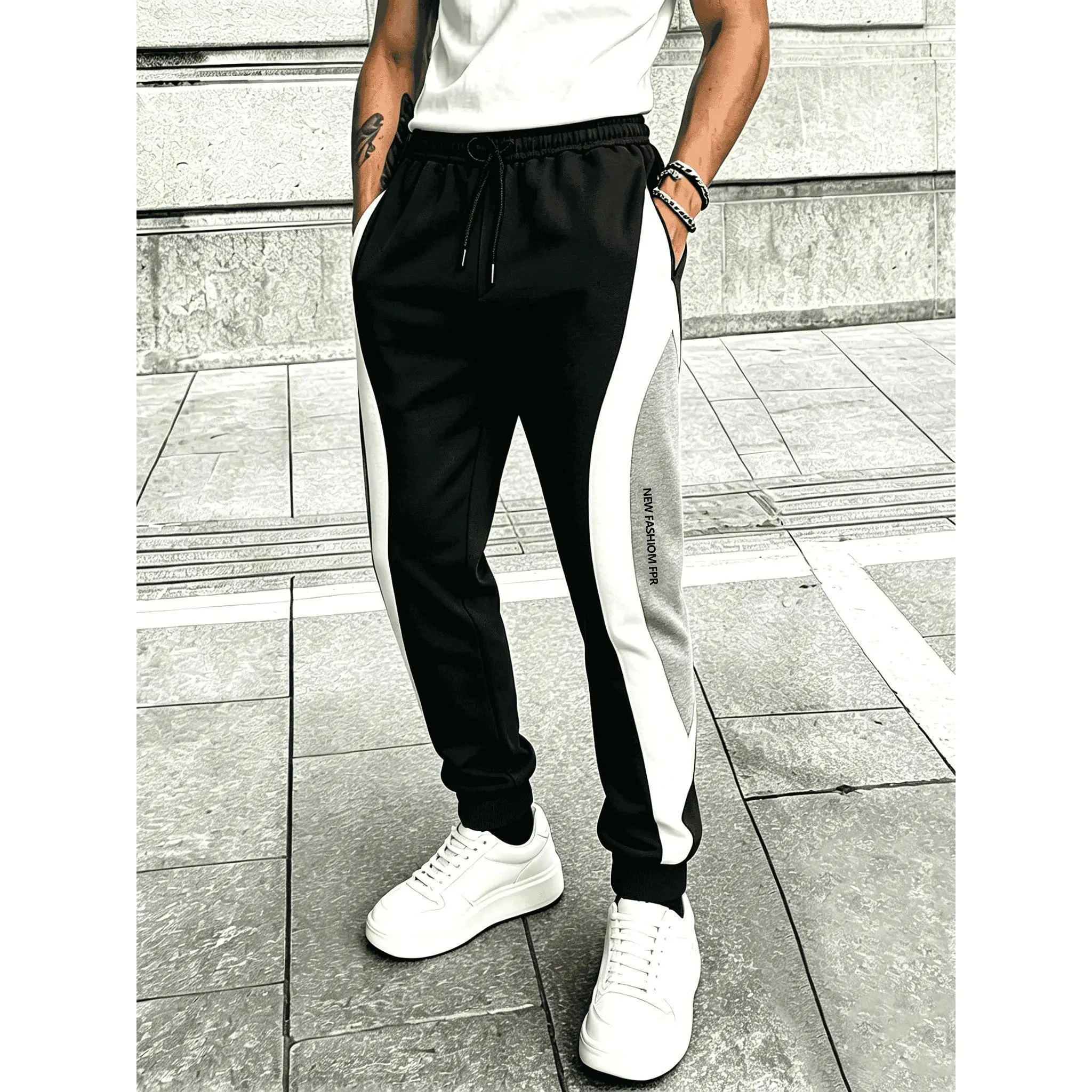 Men's Color Block Jogger Sweatpants, Black White Grey Curved Side Stripe Letter Print Elastic Drawstring Waist Tapered Cuff Casual Jogging Pants, Breathable Soft Loose Fit Side Pocket Hip Hop Streetwear Athletic Trousers for Gym Running Daily St