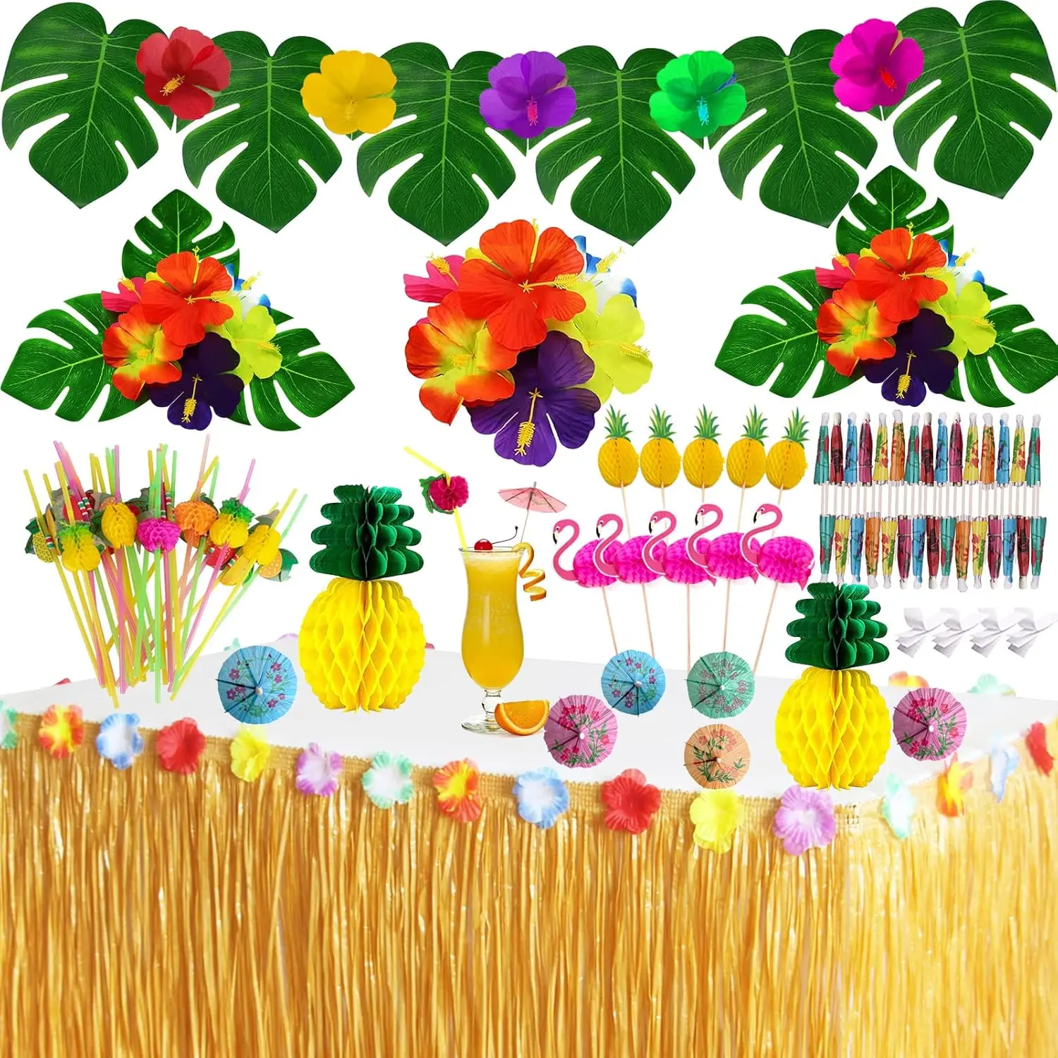 Luau Party Decorations Set - Hawaiian Beach Theme Party Favors & Supplies with 9ft Grass Table Skirt, Palm Leaves, Hibiscus Flowers, 3D Fruit Straws, Flamingo and Pineapple Decor