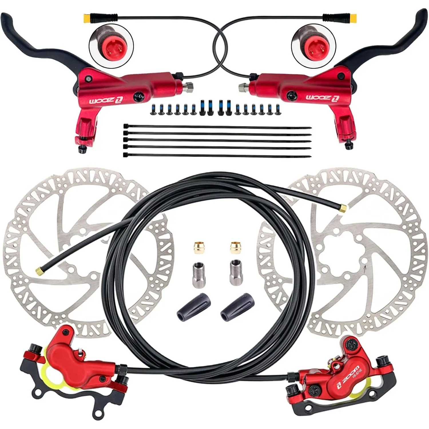 Zoom HB876E 2-PIN/3-PIN 4-Pistons E- Electric Power-Off Hydraulic  Set with 180mm Rotors, Pre-Bled Hydraulic Disc  Caliper Lever for eBike (Included Mounting Adapter)