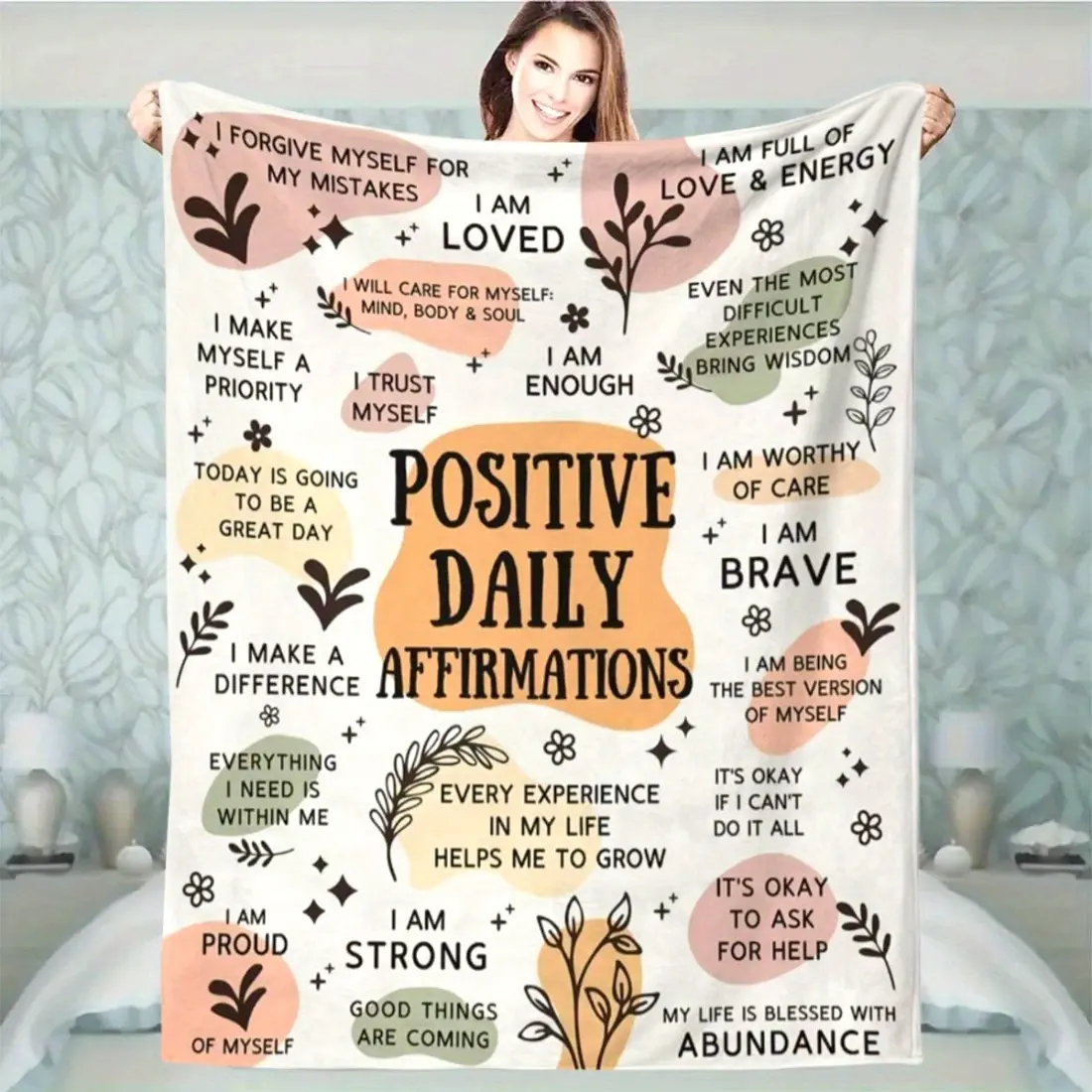Positive Energy Printed Throw Blanket Cozy Soft Digital Print Fleece Blanket Inspirational Mental Health Blanket Birthday Christmas Gift for Boys Girls Men Women Suitable for Bed Sofa Chair Living Room Decoration All-Season Use