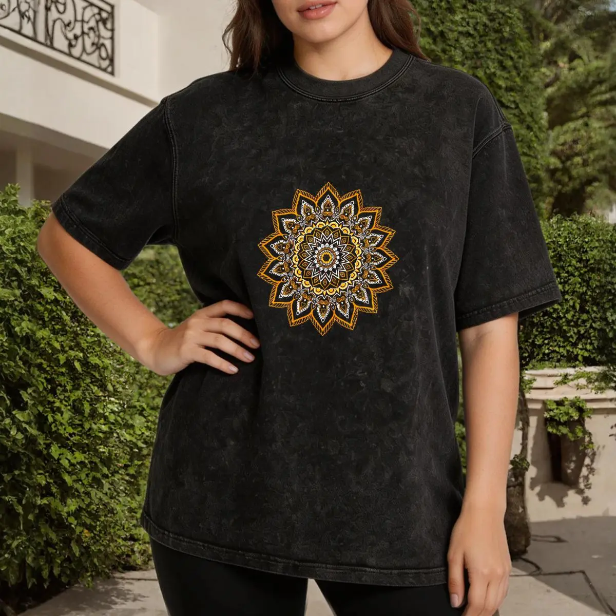 Women's Cotton Casual Oversized T-Shirt - Ethnic Mandala Spiritual Art Pattern, Lady's Summer Streetwear Dressy Top, Gift For Her, Tshirt, Graphic, Half Sleeve, Crew Neck, Shortsleeve, Ripped, Round Neck, Oversized Fit, Boyfriend Cut, Drop Shoulder, Long,