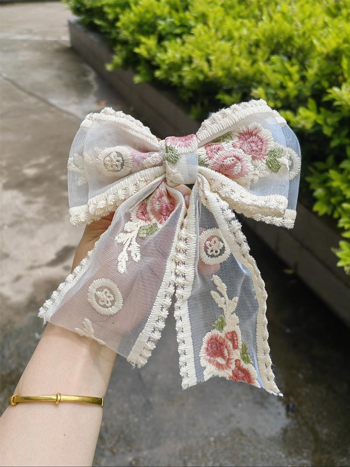 Elegant Flower Embroidery Bow Decor Hair Clip,  Cute Hair Accessories for Women & Girls, Trendy Hair Accessories for Daily Wear
