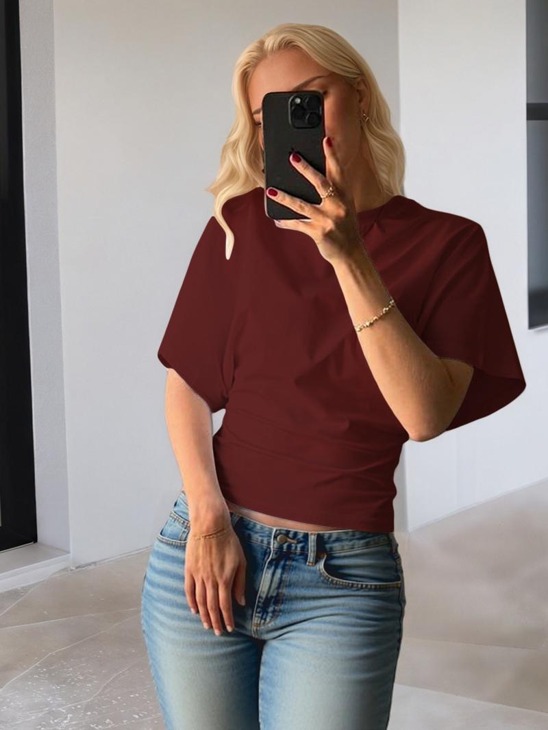 Women's Solid-Color Round Neck Tee, Casual Half-Sleeve T-shirt for Summer, Women's Top for Daily Wear