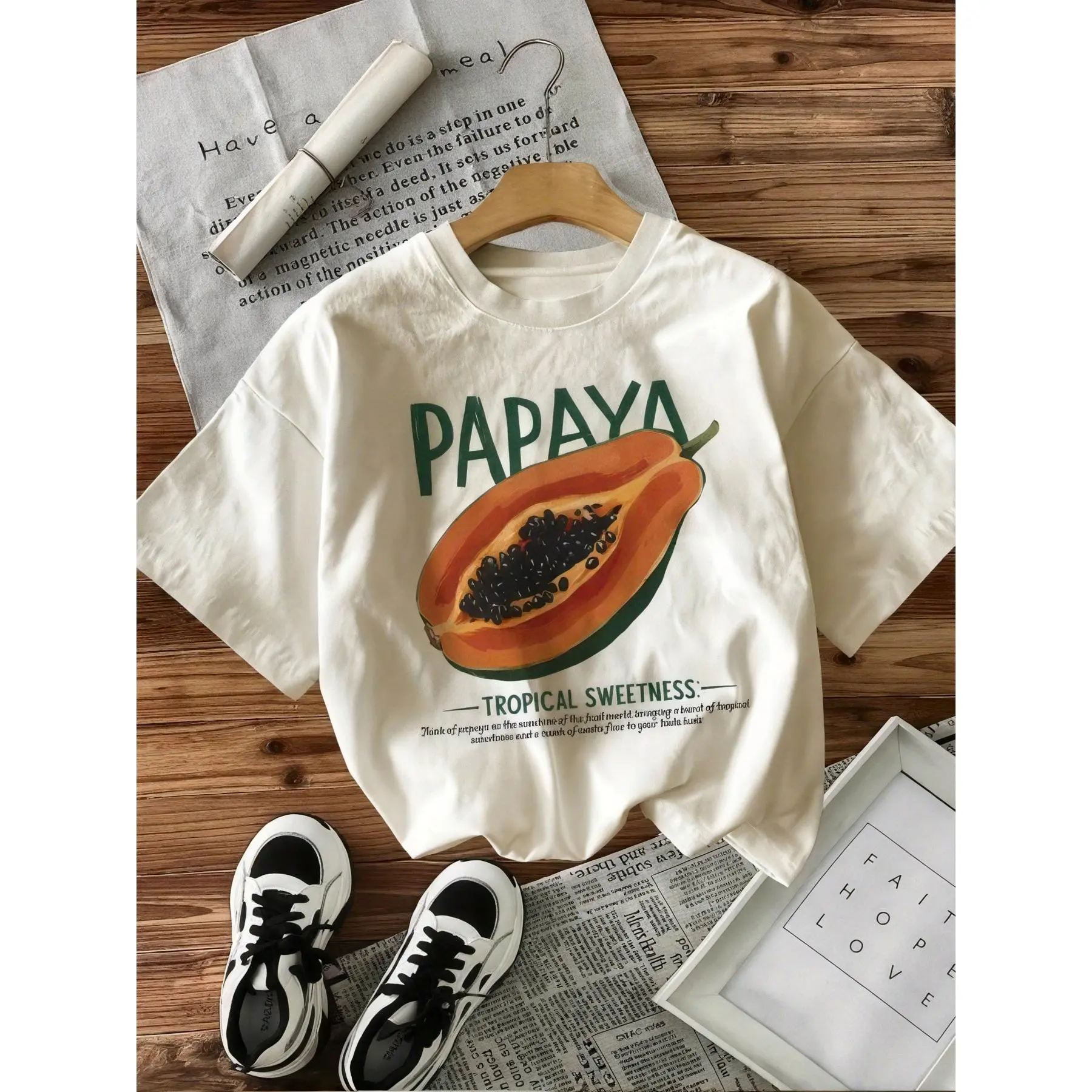 Casual Crewneck Top for Women, Oversized Papaya Graphic T-Shirt with Drop-Shoulder Short Sleeves, Soft Cotton Streetwear Tee, Casual Crewneck Tops, Shortsleeve, Round Neck, Tshirt, Lightweight, Everyday, Fabric, Thanksgiving, Easter, Valentines Day, Fit,