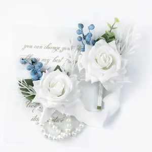 Wrist Corsage Wristlet and Boutonniere for Wedding Bridesmaid Mother Grandmother for Bridal Shower Wedding Artificial Roses Flower Prom Set of 2 (White)