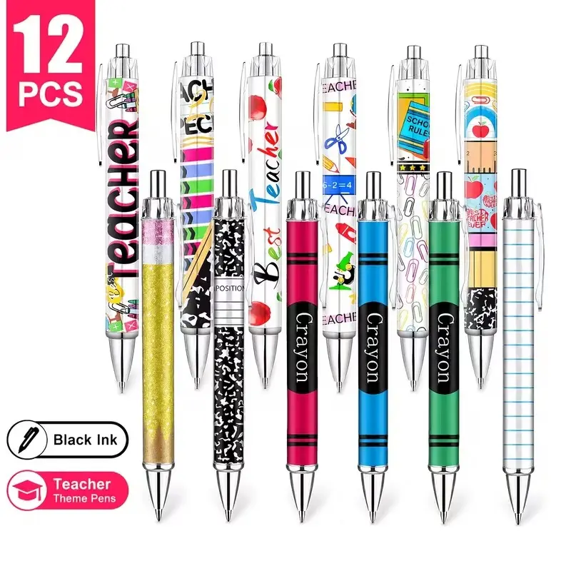12-Piece Teacher Theme Ballpoint Pen Set, Writing Pens, Ink, Creative School Design, Perfect Gift for Teachers' Day, Essential for Classroom Office Use