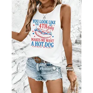 Women's 4th Of July Hot Dog Funny Quote Graphic Racerback Tank Top, 140G Vest Casual Summer Top, 4th Of July Outfits Women, Patriotic Vacation Outfits