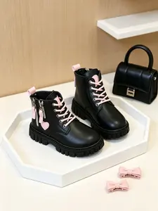 Girls' Heart Decoration Side Zip Ankle Boots, Anti-Slip Durable School Shoes, All Seasons, PU Leather, Rubber Sole, Street Style, Non Slip Boots, Side Zipper Boot, Zipper Design Boots