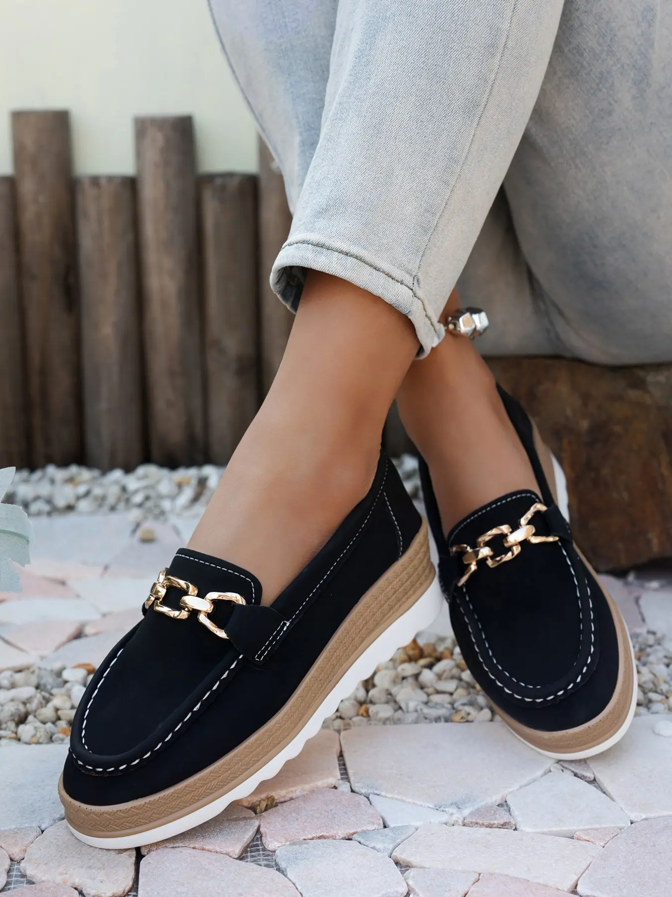 Women's Gold Chain Platform Loafers | PU Leather Wedge Moccasins for Casual & Office Wear