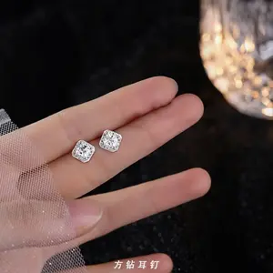S999 Sterling Silver Square Stud Earrings – Iced Out Hip Hop Cubic Zirconia, Bling Statement Jewelry for Women