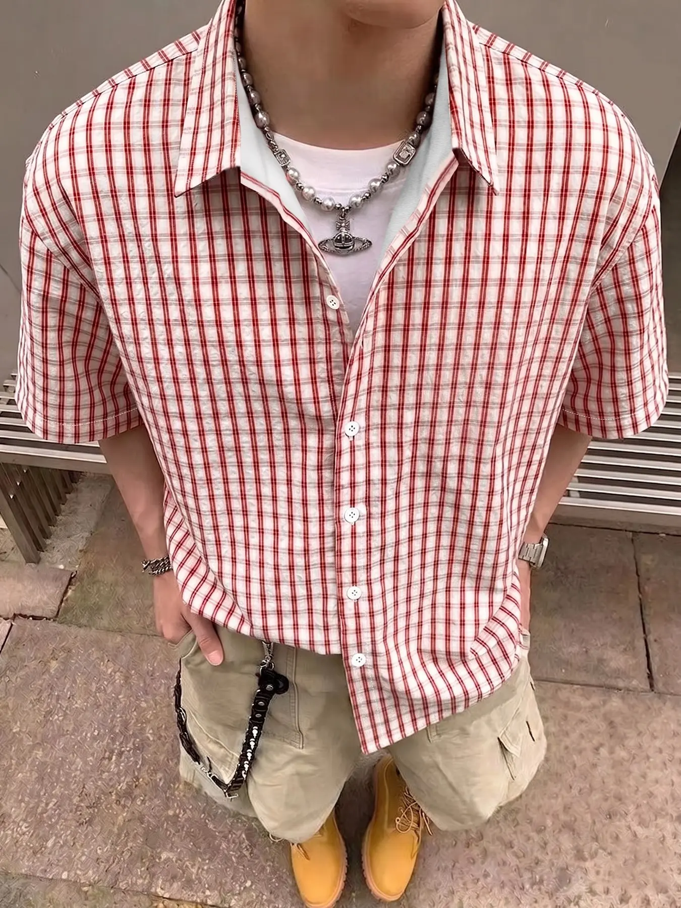 Men's Short Sleeve Plaid Shirt, Y2K Retro Loose Fit Collar Button-Up, Casual Streetwear for Daily Outdoor Wear, Comfortable and Stylish, Vintage