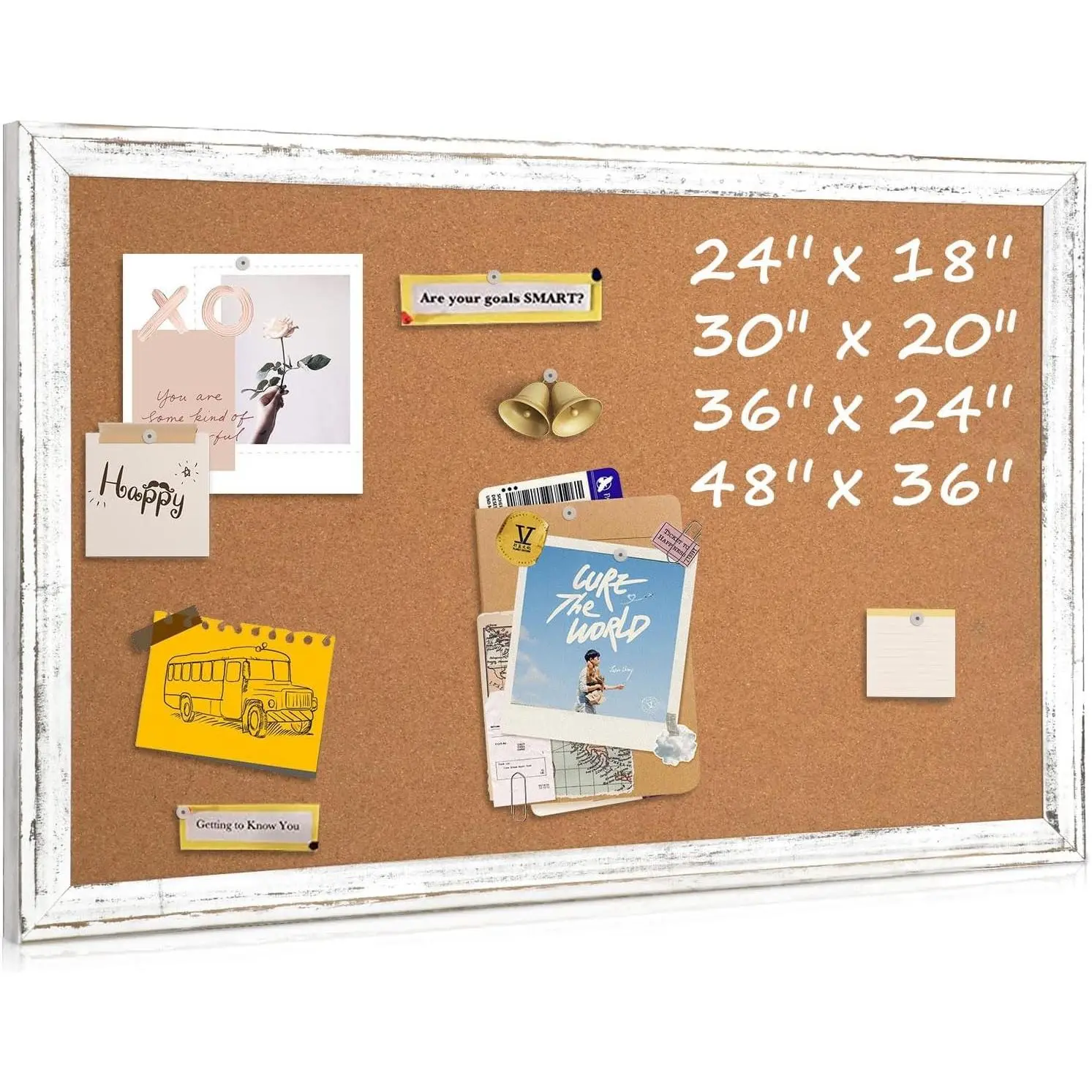Cork Board Bulletin Board, 36"x24" Corkboard for Wall | Rustic White Wooden Frame, Decorative Pin Board, Message Board, Notice Board, Vision Board for Home, Office, Kitchen