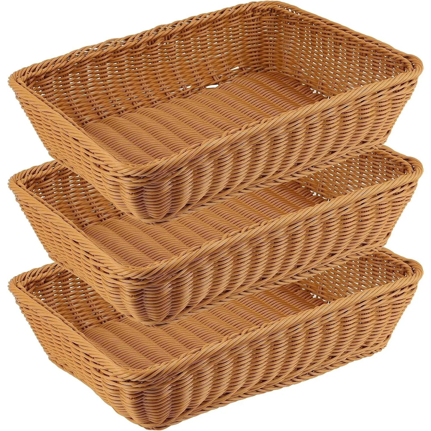 3 Pack 15.7 x 11.8 Inch Poly Wicker Woven Bread Baskets, Rectangle Handmade Rattan Pantry Organizer Storage Basket for Bread Vegetable Fruit Food, Brown