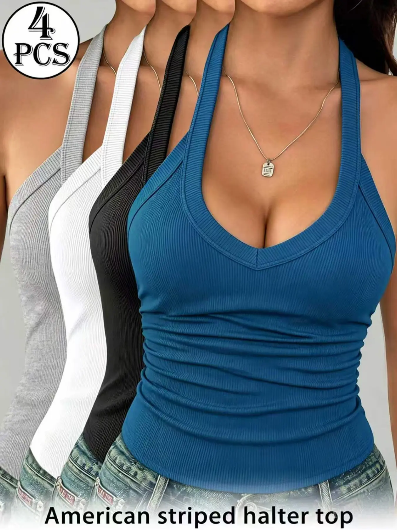 4-Piece Ribbed Sleeveless Tops, Slim-Fit Casual Y2k Racerback Tank Tops, Basic Layering Tops