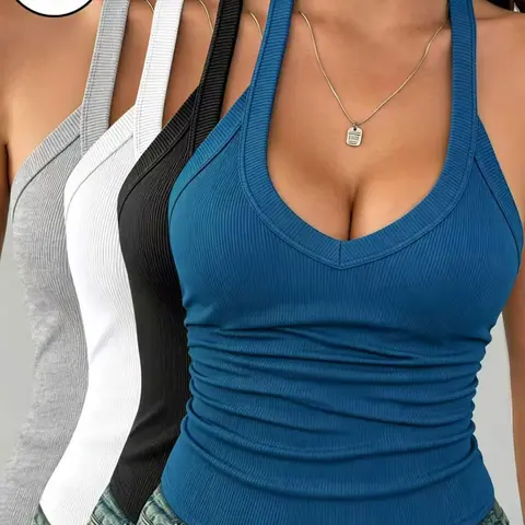 4-piece ribbed, Knit, unpadded halter neck deep V-neck tank top, featuring a basic lift and support slim fit, Y2K sexy racerback design, suitable for layering or wearing alone in summer and autumn.