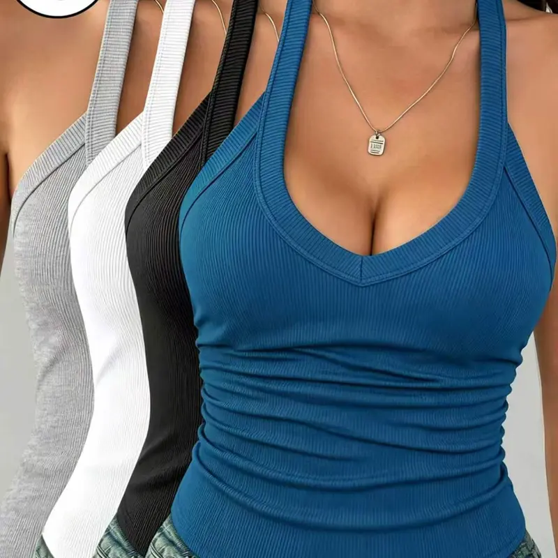 4-piece ribbed, Knit, unpadded halter neck deep V-neck tank top, featuring a basic lift and support slim fit, Y2K sexy racerback design, suitable for layering or wearing alone in summer and autumn.