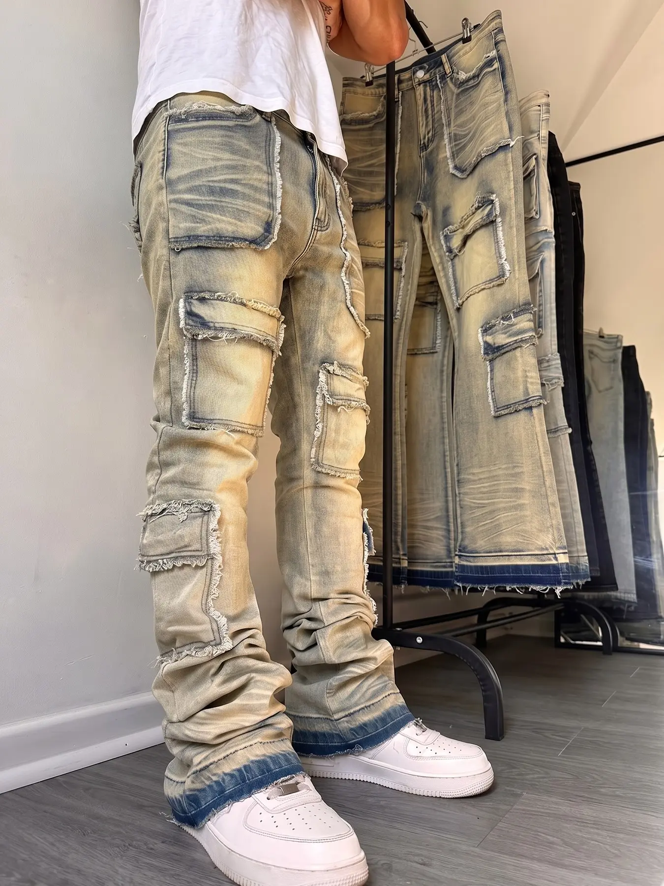 Vintage Washed Multi-Pocket Workwear Jeans, Distressed Bell Bottoms, Men's Hip-Hop Street Style, Slim-Fit All-Season Denim