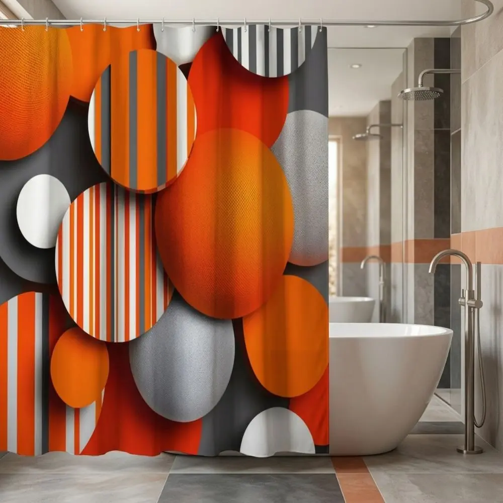 Modern Abstract, Striped Aesthetic Shower Curtain with Bold Geometric Circles in Rust and Tangerine Orange, Featuring Textured Mesh and Vertical Stripe Patterns in Gray, White; Contemporary Graphic Bathroom Decor for Home Accent