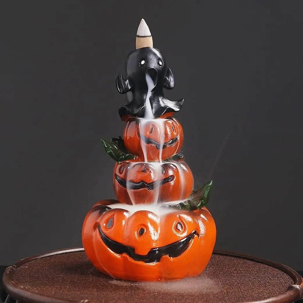 Resin Halloween Pumpkin Home Decor Ornament, Handmade Reverse Flow Incense Burner, Waterfall Diffuser, Creative Gift for Home Office Tea Room