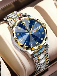 Men's Business Watch, 30m Waterproof Stainless Steel Wristwatch, Quartz, Rhinestone Dial, Luminous Hands, Calendar Date Function, Case, Luminous Analog Watch