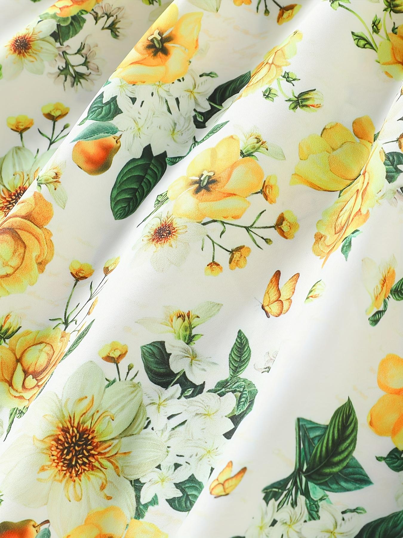 Girls' Patchwork Yellow Romantic Floral Print Dress with Belt, Elegant Princess Skirt Party and Evening Wear, Soft, Suitable