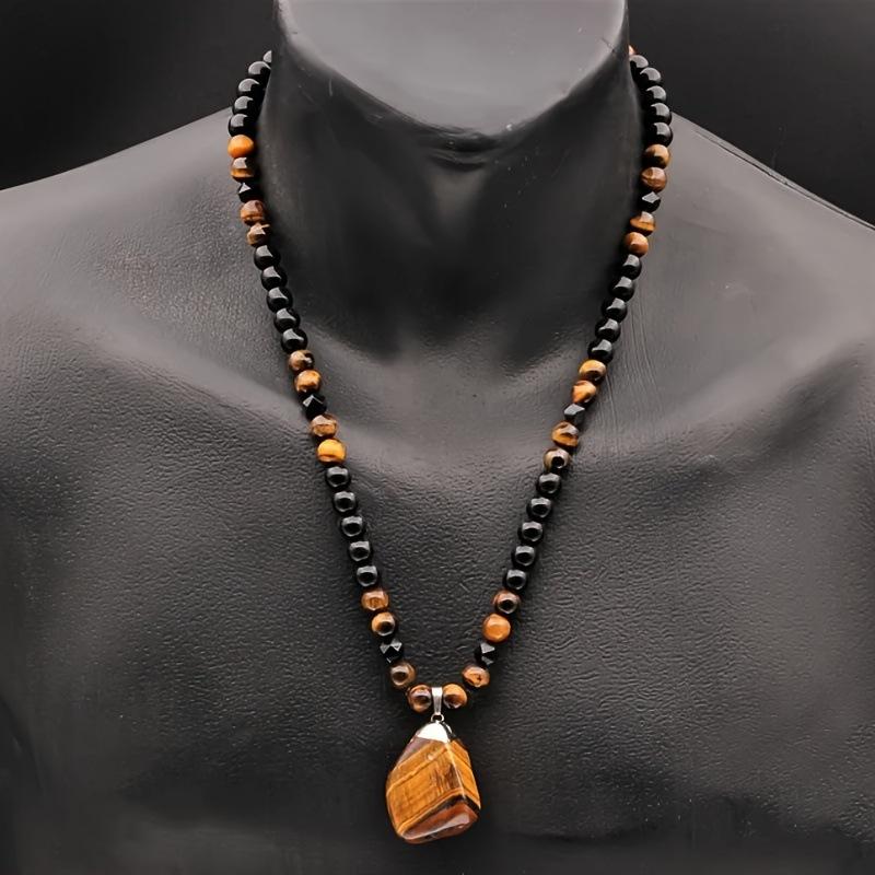 Trendy tiger's eye irregular pendant necklace, black onyx patchwork, retro cool unisex statement jewelry