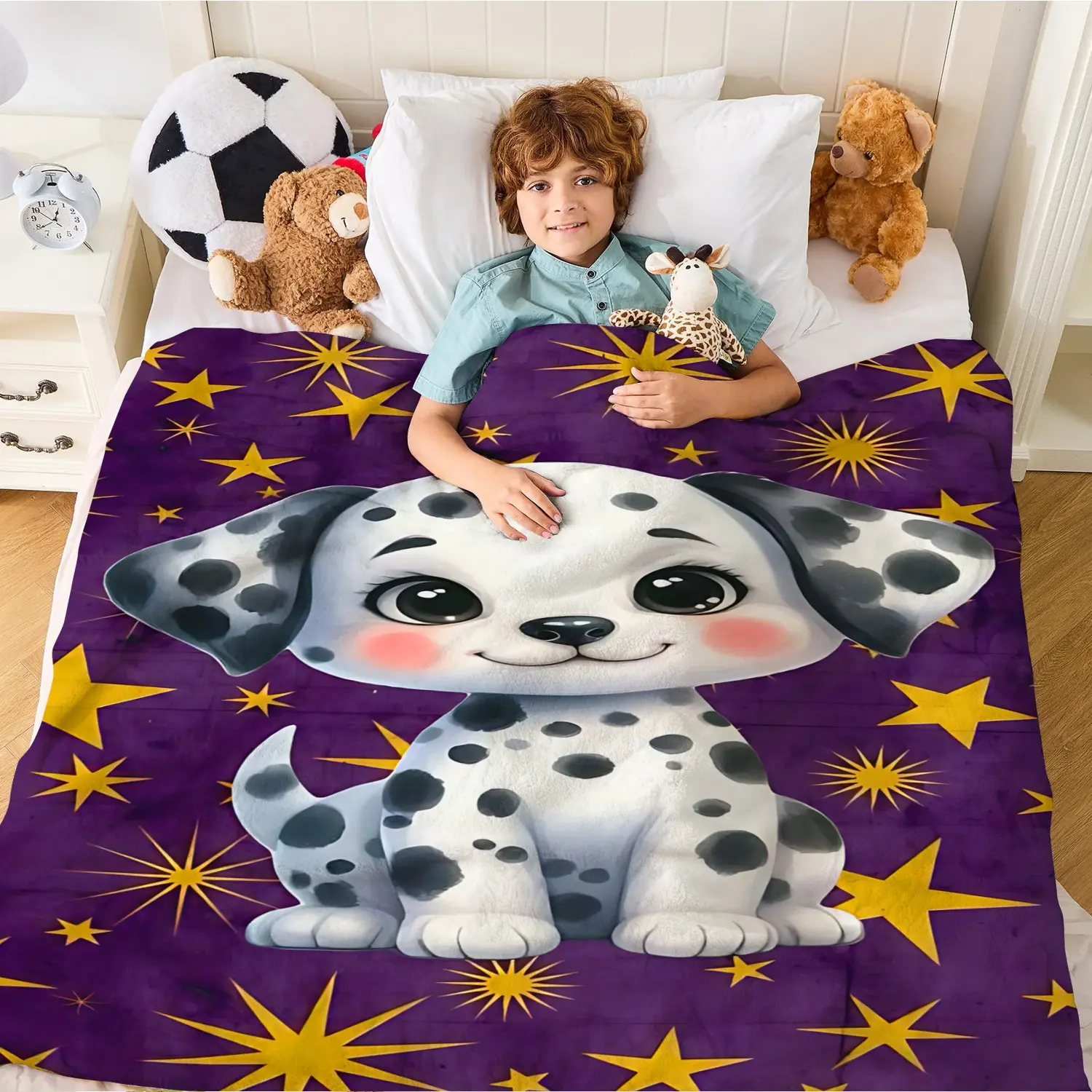 Cute Dalmatian Puppy Blanket, Aesthetic Purple Starry Print Multipurpose Decorative Blanket, Soft Fluffy Flannel Blanket, Cozy Throw Blanket, Perfect for Home Bedding, Camping, Traveling, Office Nap Warm Gift