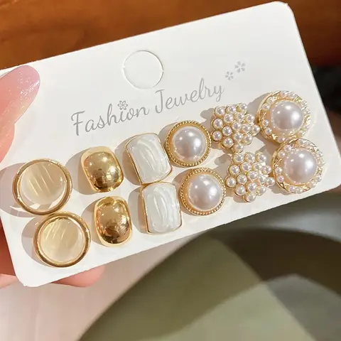 6 Pairs Faux Pearl Geometric Round Set, Stud Earring Pack, Elegant Minimalist French Vintage Court Style Light Luxury Ear Jewelry, Delicate Fashion Earrings for Daily Wear, Party & Dating, Perfect Holiday Gift for Women