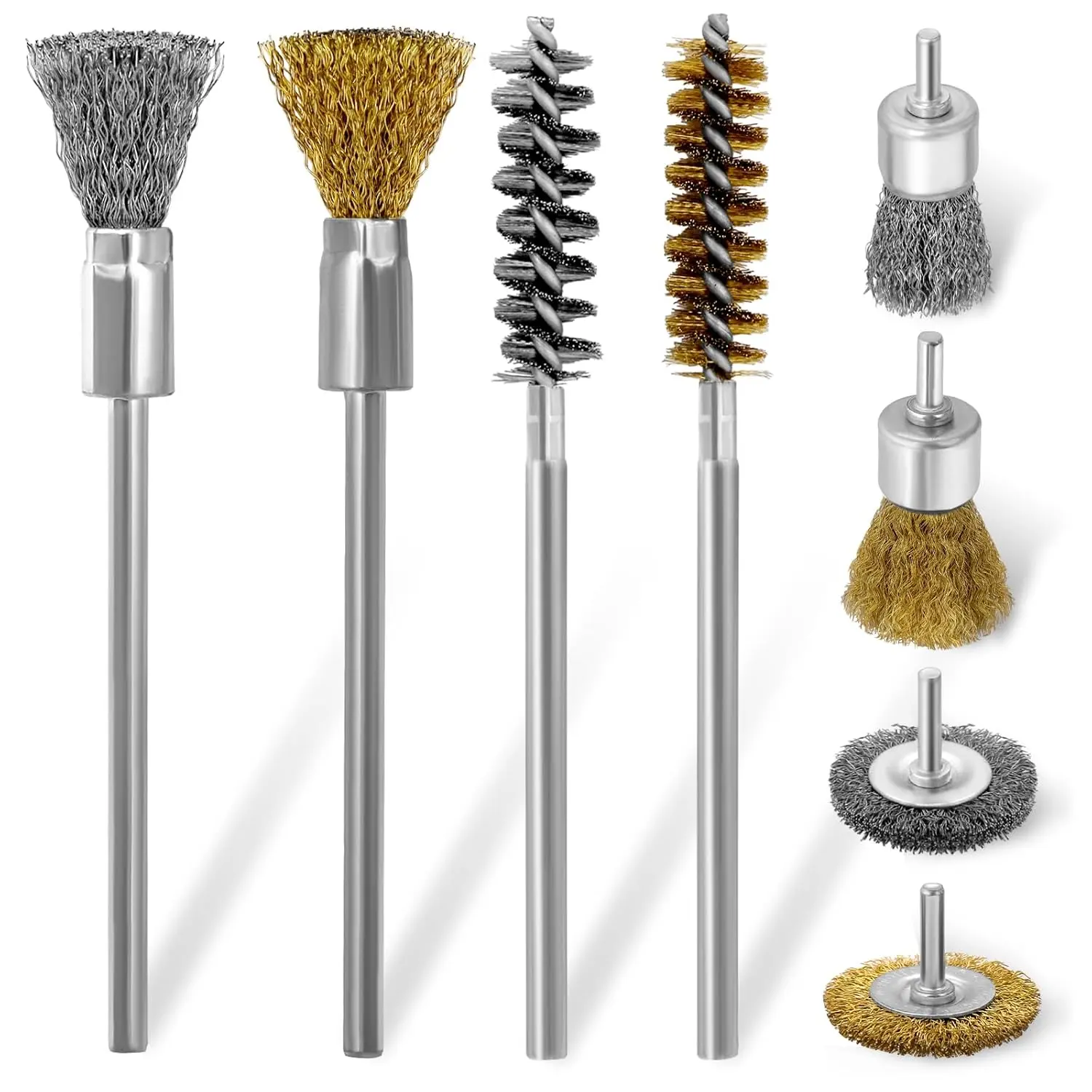 8 count Wire Wheel for Drill Set,  1/4 inch Round Shank Carbon Steel, Brass Wire Brush for Drill, Extended Wire Brush, Pen Brush, Bore Brush for Drill for Cleaning Rust Removal, Deburring