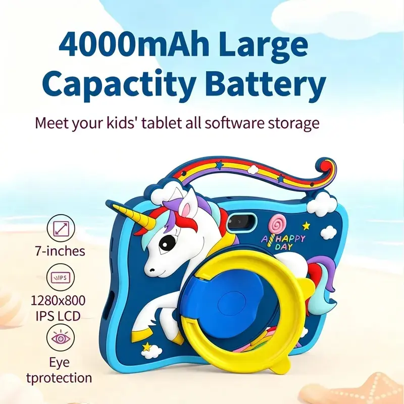 New 7-inch children's tablet with Android 13 1GB RAM and 16GB ROM, supporting WIFI function, shockproof silicone protective case, Rainbow Mark support shell, parents can control pre installed educational learning software, dual cameras