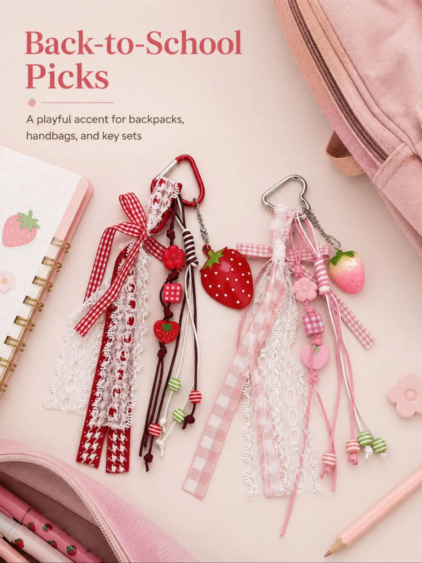 Cottagecore Gingham Lace Strawberry Keychain, Keychain Kawaii, Bag Charm Heart Carabiner Clip Lace Plaid Ribbon Bow Tassel Keychain Fruit Strawberry Pendant Heart/Flower Beads Coquette Aesthetic Accessories for Backpacks Handbags Purse School Bag Keyring
