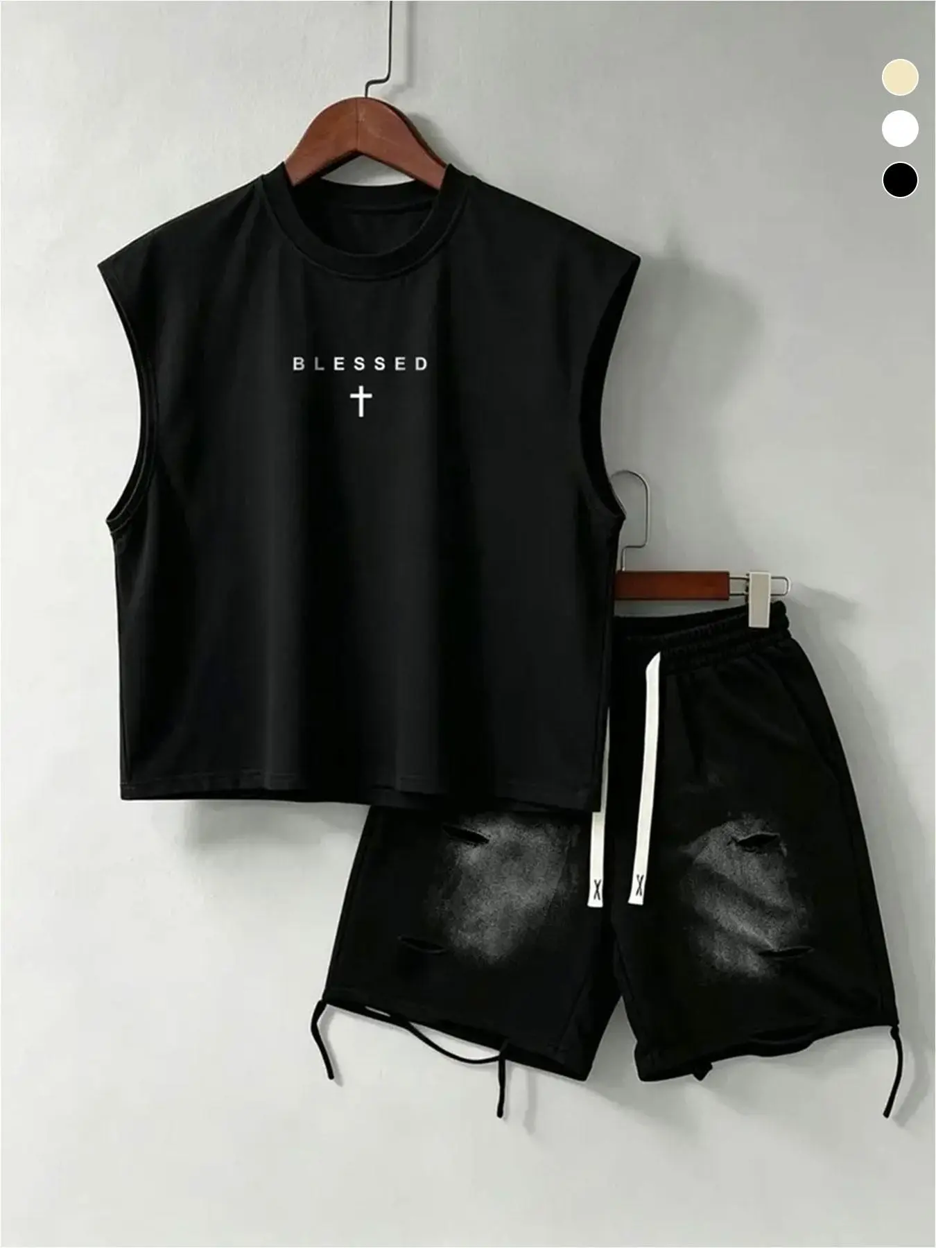 American Style Men's Tank Top and Shorts Set, Cross Letter Design, Casual Comfortable Breathable, Trendy Cool