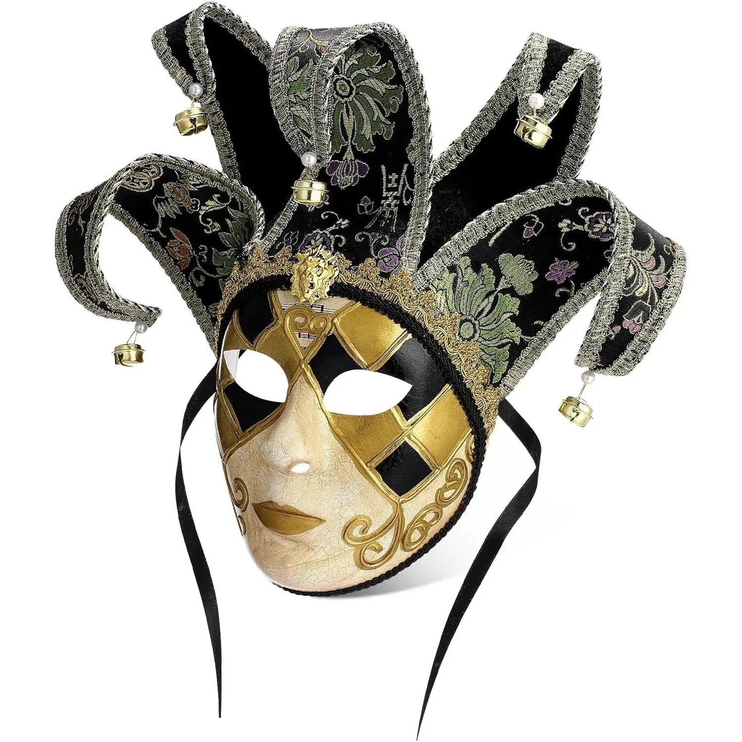 Venetian Mardi Gras Jester Mask - Vintage Full-Face Masquerade Prop, Comfortable Pearl Accessories, Halloween Wall Decorative Art Collection for Kitchenware Tabletop Display