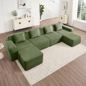 Aobtkel®Modular 4 Seat U Shape Sectional Boneless Sofa, Cloud Sectional Couch with Deep Seat, Modern Modular 4-Seat Sofa Couch with Throw Pillows and 2 Movable Ottomans, Corduroy Fabric Green   WL