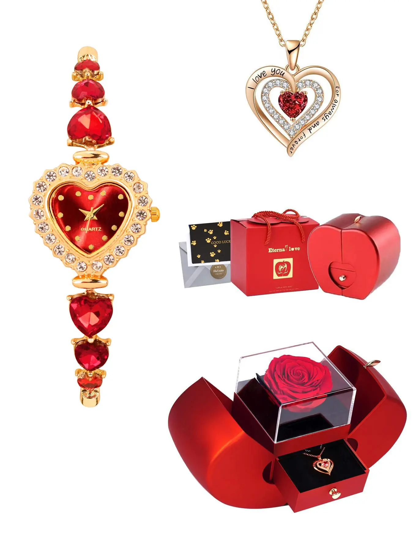 Women's Elegant Love Heart Shaped Quartz Watch & Fashionable Jewelry Set, Including Rose Gold Watch & Box & Necklace & Ring & Earrings, Fashion Watch Set for Women As Gift