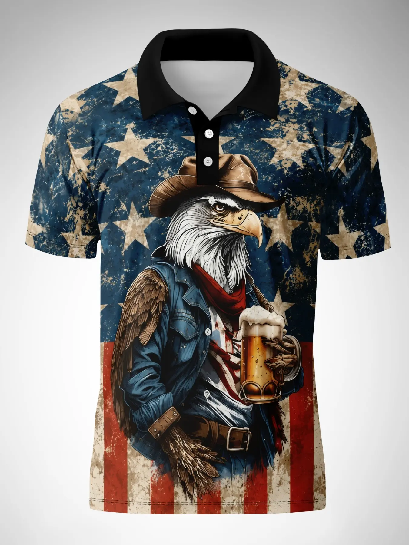 Men's Vintage American Flag Eagle Cowboy Beer Print Short Sleeve Polo Shirt, Summer Breathable Mesh Collar Top, Patriotic Casual Sportswear