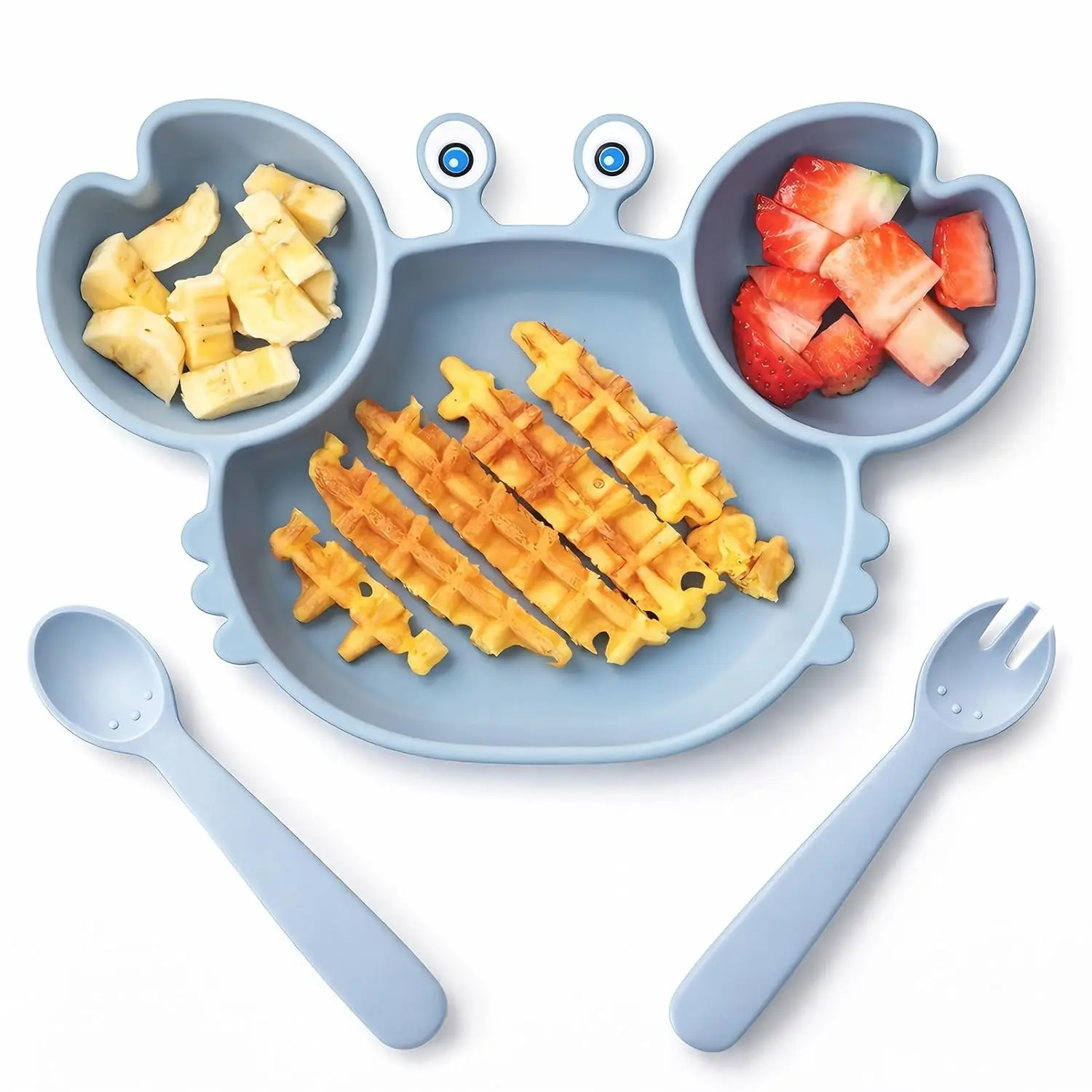 Suction Plates  Baby, Silicone Plates with Suction Divided, Baby Spoon Fork Set  Toddler Baby Dishes Kids Utensils-Crab Dusty Blue