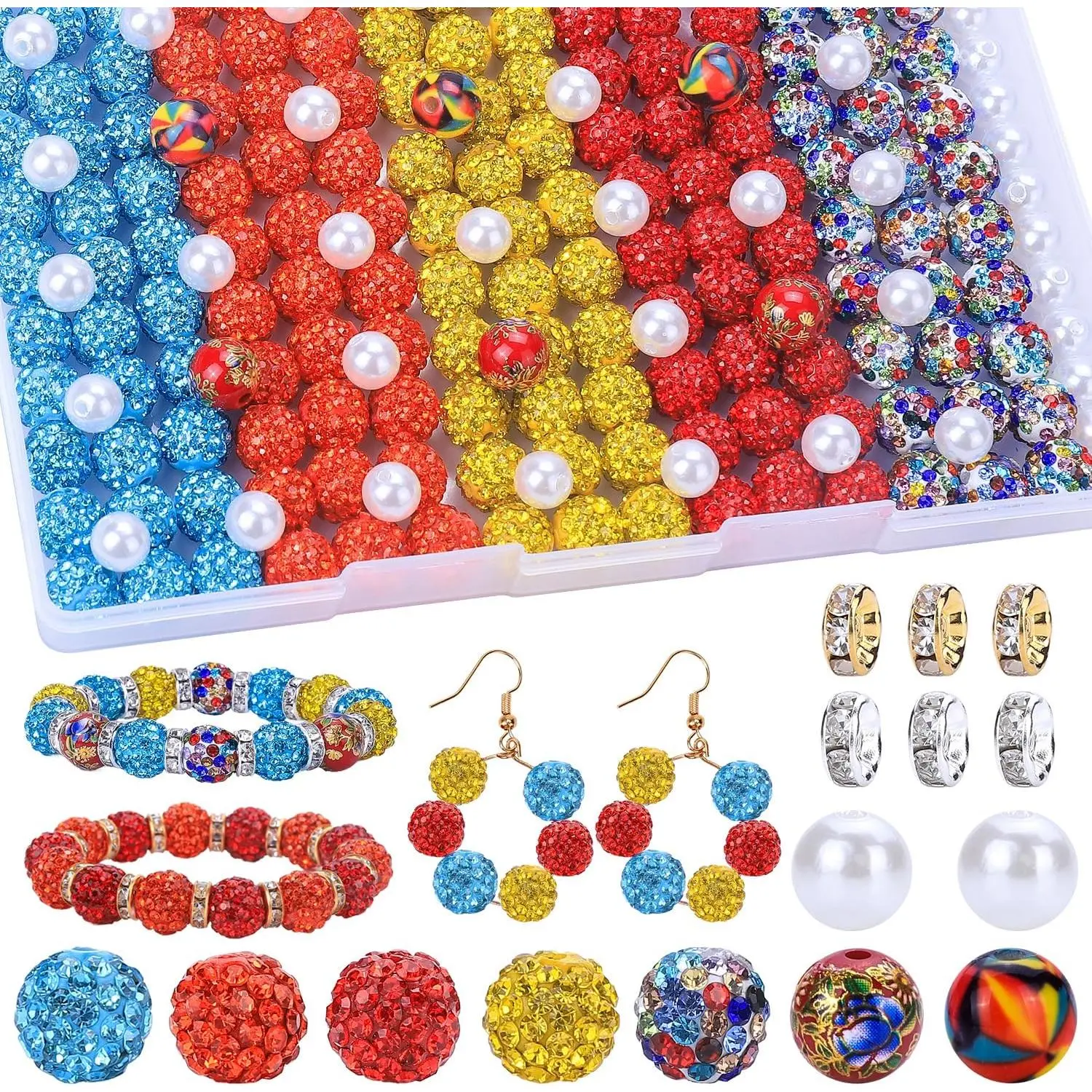 Making Beads Set, 300 count 10mm Rhinestone Clay Beads, 8mm  Color Spacer Beads with  and Floral Beads for DIY  Making (17# )