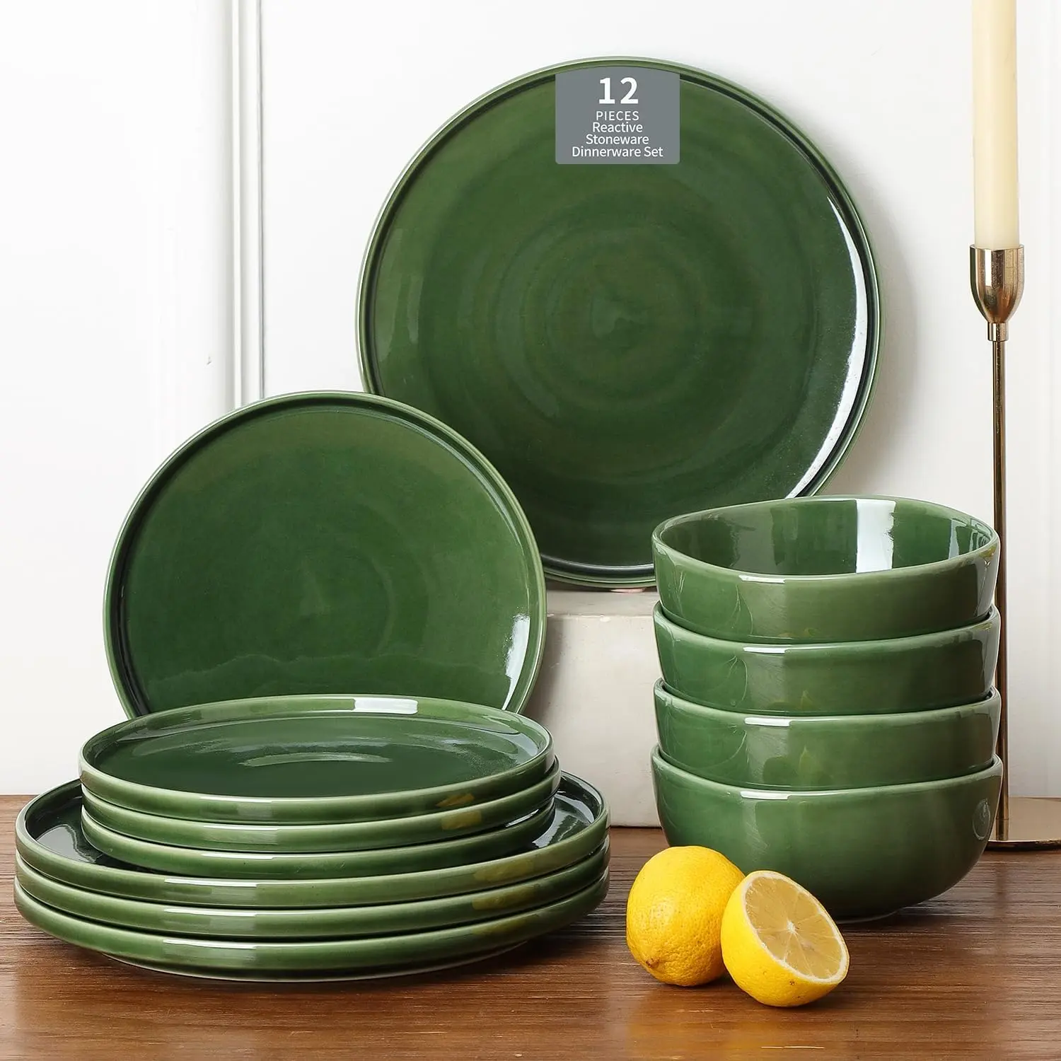 Ceramic 12 count Dinnerware Set - Dinner Plates Salad Plates Cereal Bowls Set Service for 4 - Scratch Resistant Microwave Oven Dishwasher Safe - Green