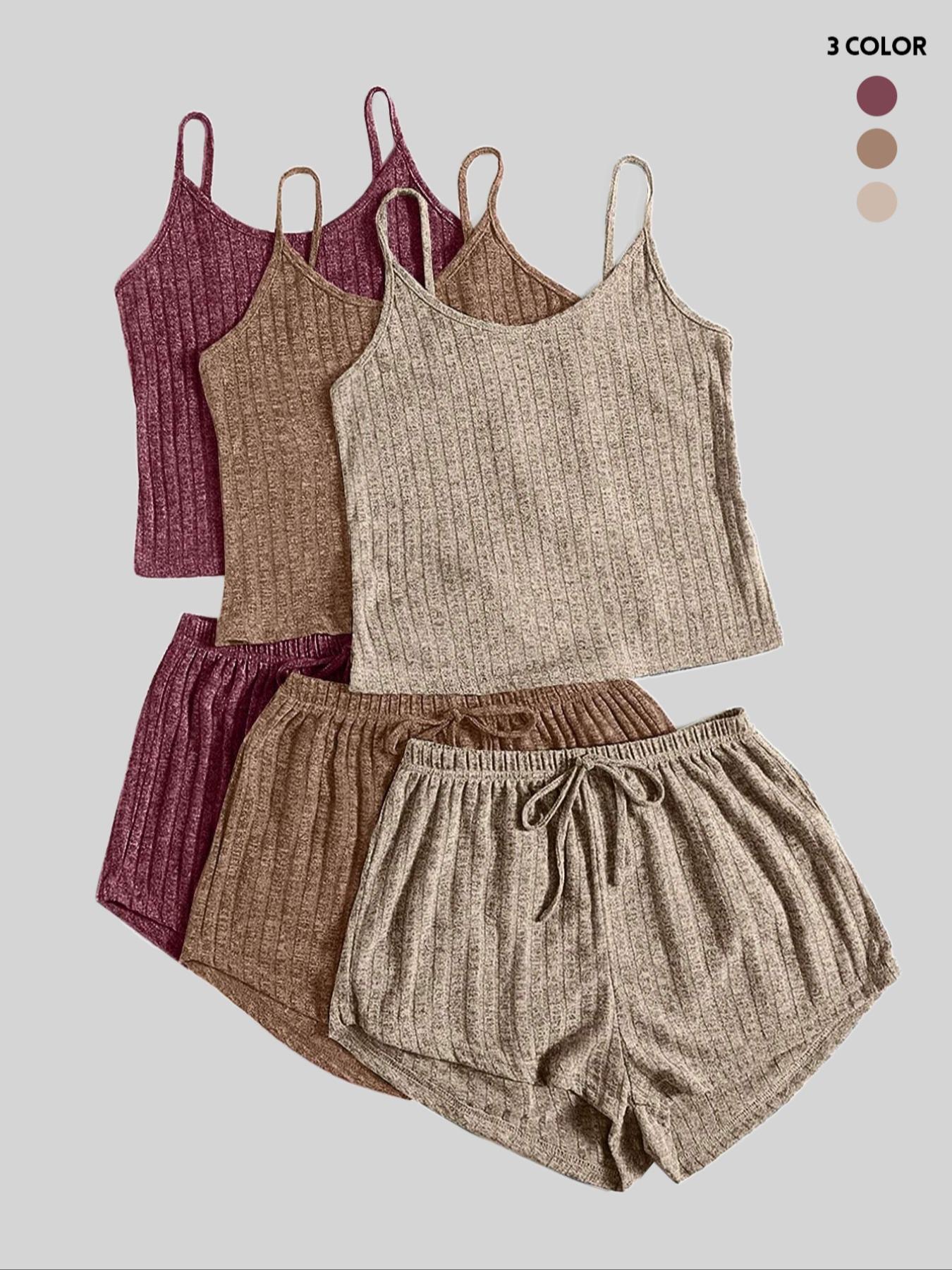 Women's Plain Knitted Stretchy Crop Cami Top & Tie Front Shorts Set, Summer Clothes, Casual Camisole & Shorts Set for Summer, Women's Clothes