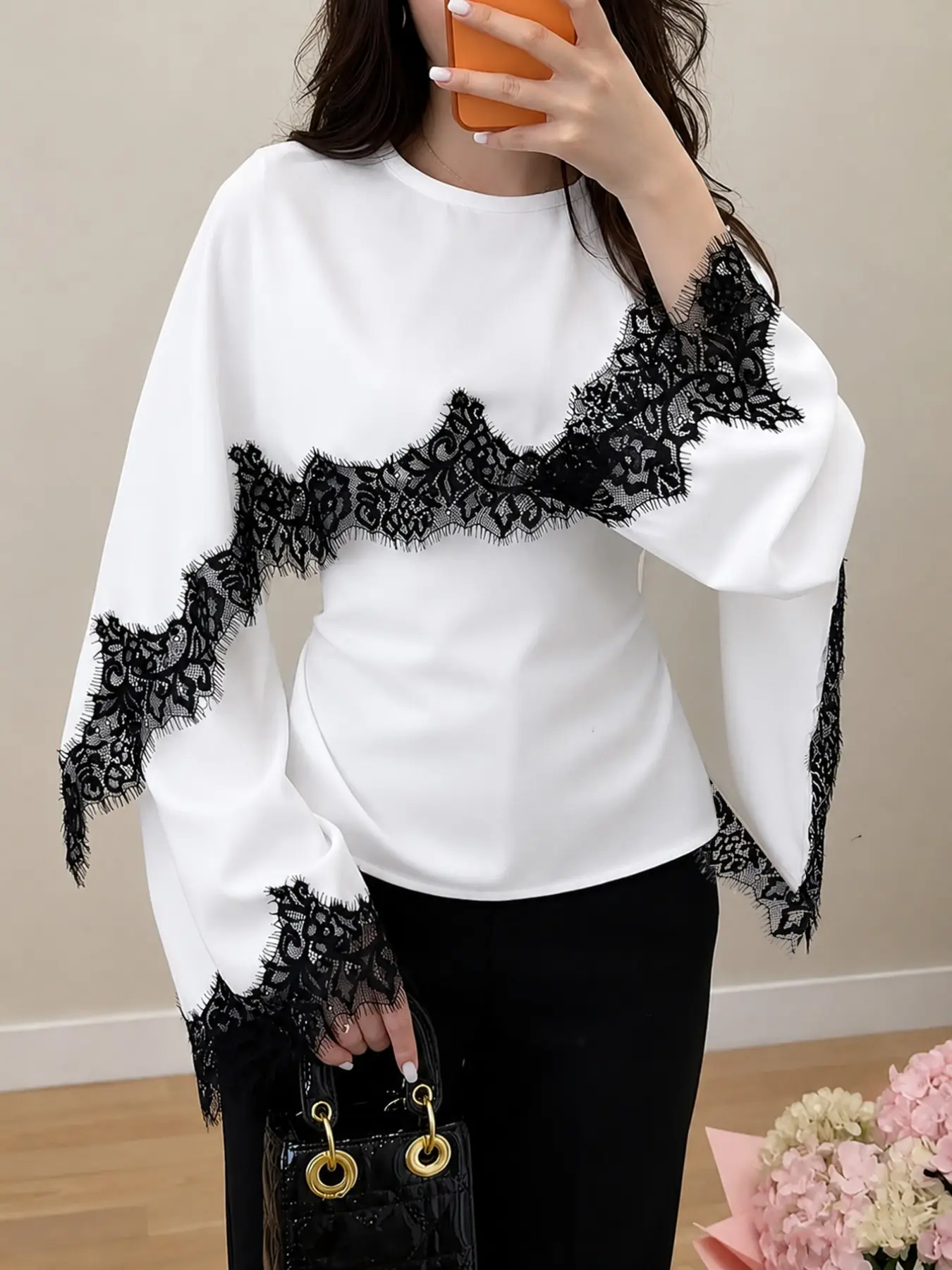 Summer Round Neck Batwing Long Sleeve Elegant Blouse, White Satin Fabric Irregular Black Eyelash Lace Patchwork Fitted Waist Top For Daily Office Commute Street Shopping Coffee Shop Casual Errands City Leisure Outfits For Young Women Elegance