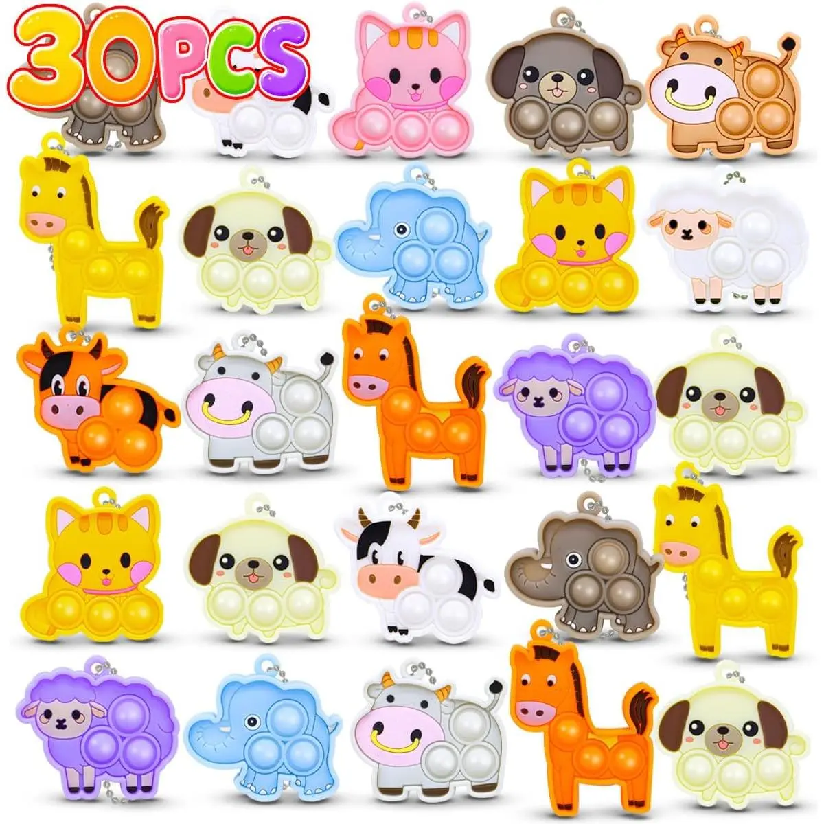 30pcs Pop It Keychain Bulk Set, Fidget Keychains Party Favors for Kids 4-8 8-12, Goodie Bag Stuffers for Kids, Bulk Fidget Toys for Classroom Prizes, Sensory Toys Treasure Boxfidget toys
