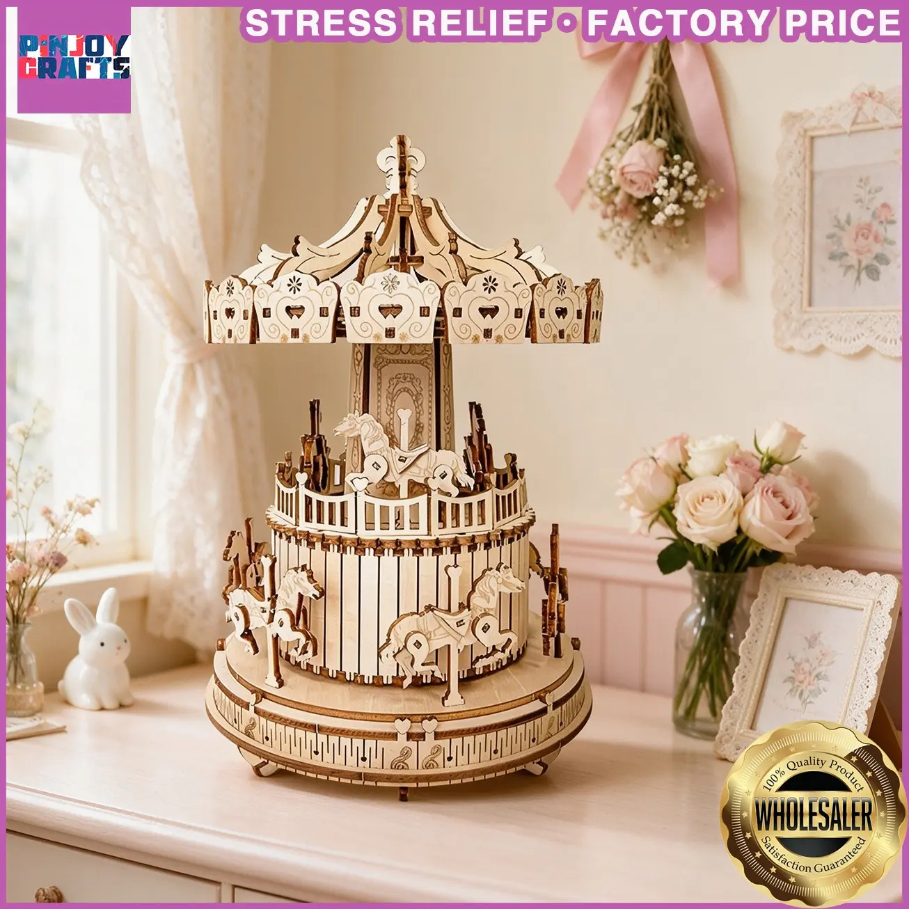 DIY Book Corner Kit, Carousel 3D Wooden Puzzle, Mini Dollhouse Shelf Decor, Creative Gift for Girls, Ages 13+, Includes Instructions