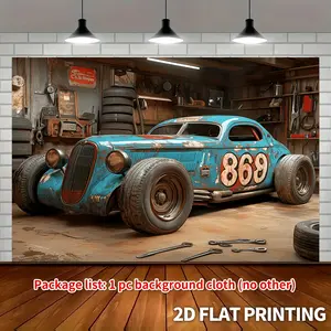 Vintage Race Car Garage Backdrop, Rustic Mechanic Shop Party Banner, Motorsport Man Cave Decor, Retro Racing Wall Tapestry