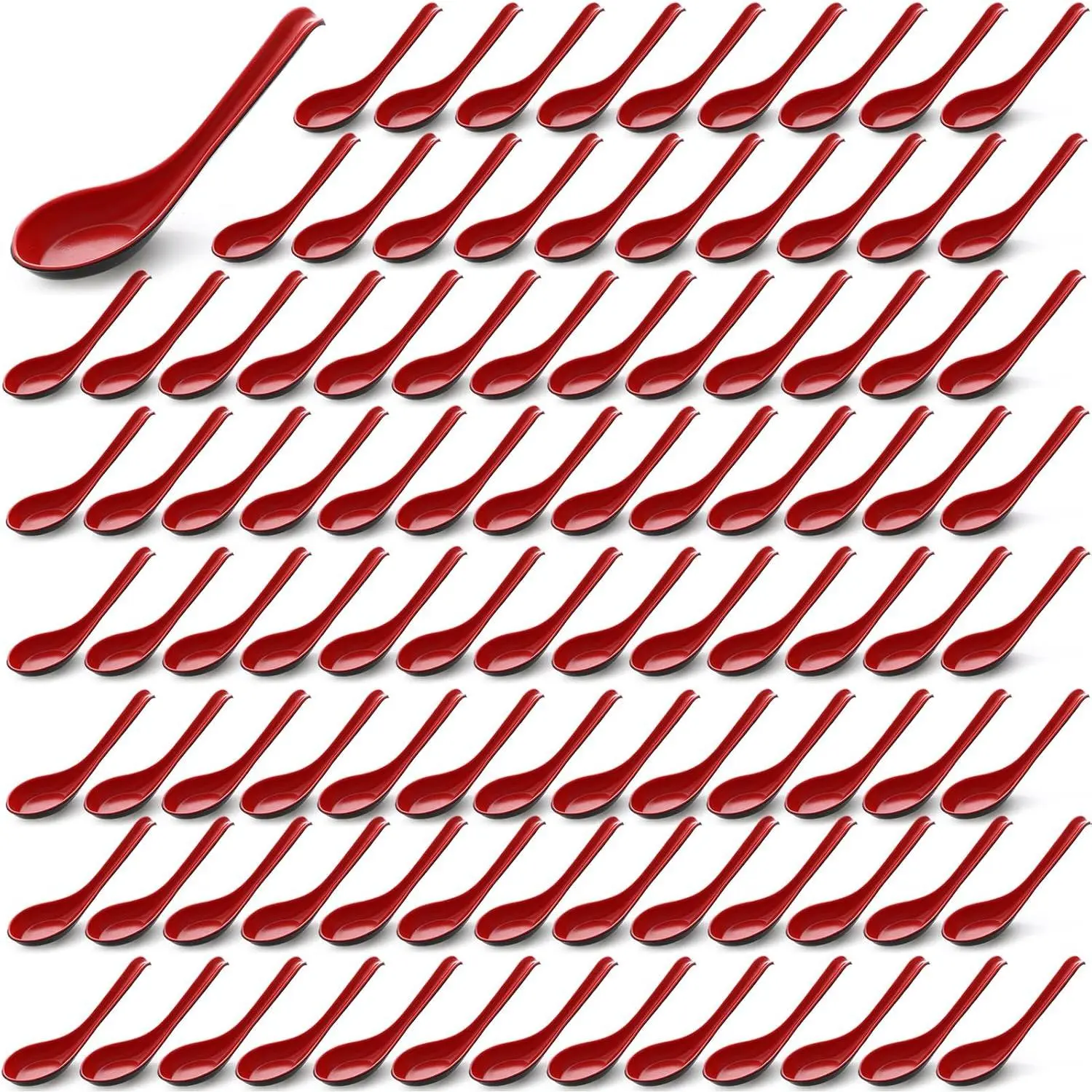 Asian Tableware Soup Spoons (100 Pcs, 6.3 In) - Sturdy Red & Black Bulk Cutlery with Hook, Classic for Miso/Ramen Dishes, Daily Use for Family Members & Friends, Tasting, Dining Table